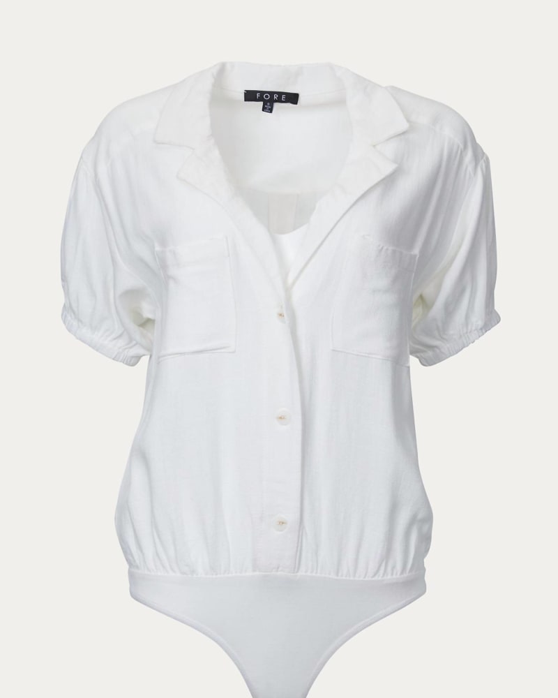Front of a size L Linen-Blend Thong Bodysuit in Off White in Off White by Fore. | dia_product_style_image_id:333584